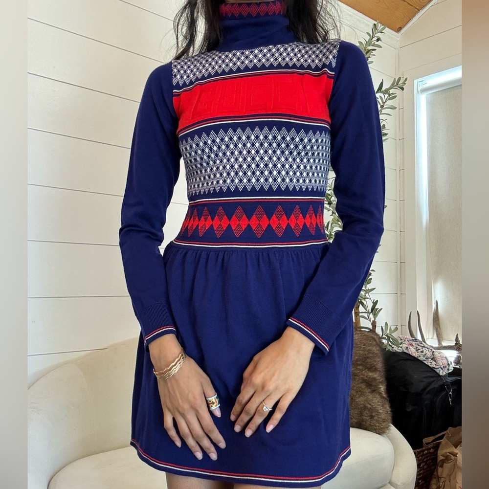 Gucci Navy and Red Patterned Knit Dress